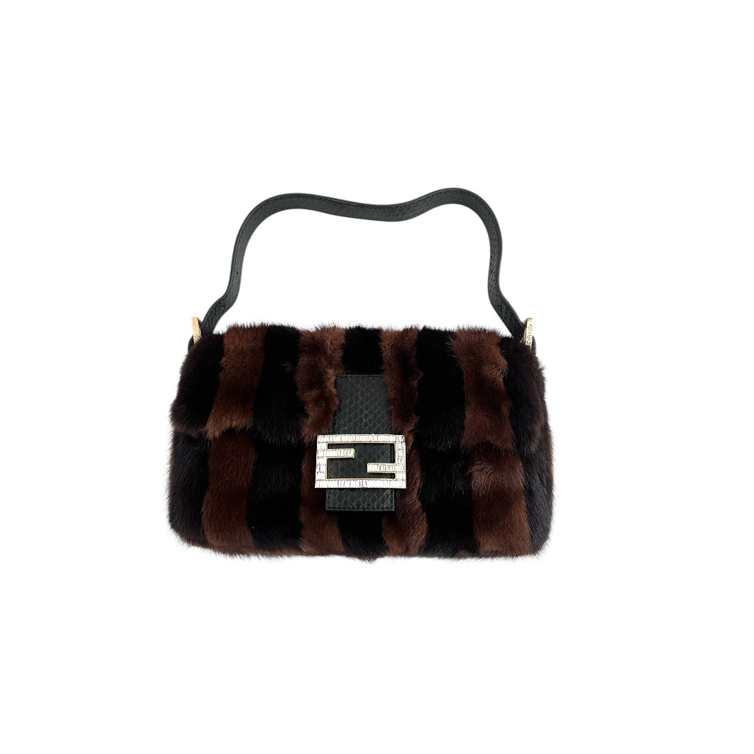 Fendi baguette mink black brown stripes shoulder bag