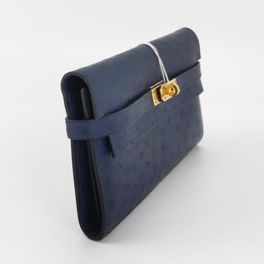 Kelly Large Ostrich Gold 7L Blue T