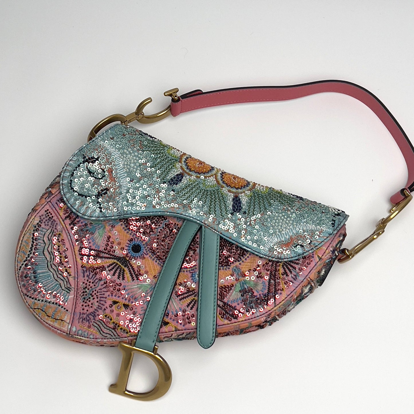 Dior pink& green sequin embroidered saddle bag