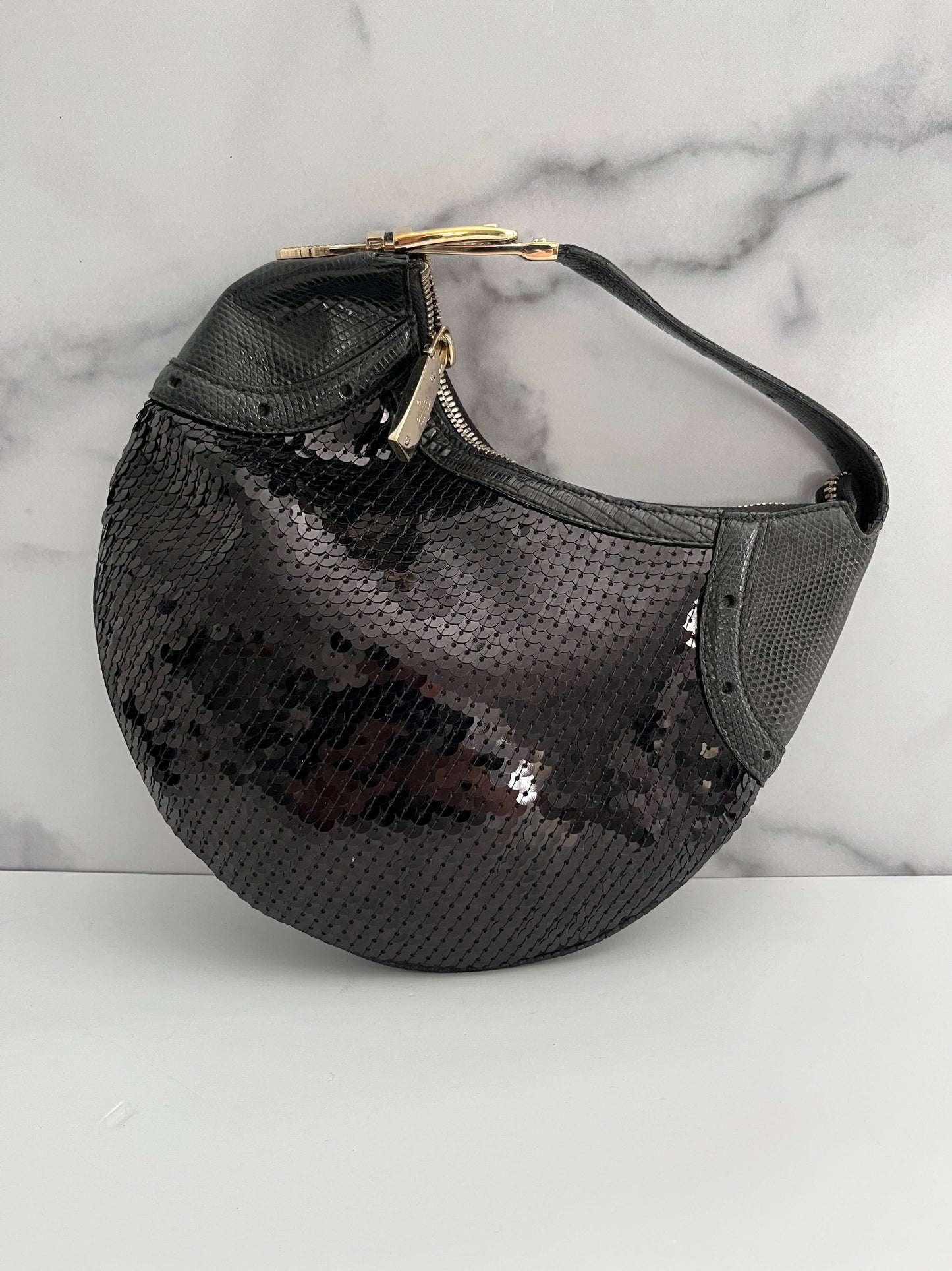Gucci black sequin gold hardware shoulder bag