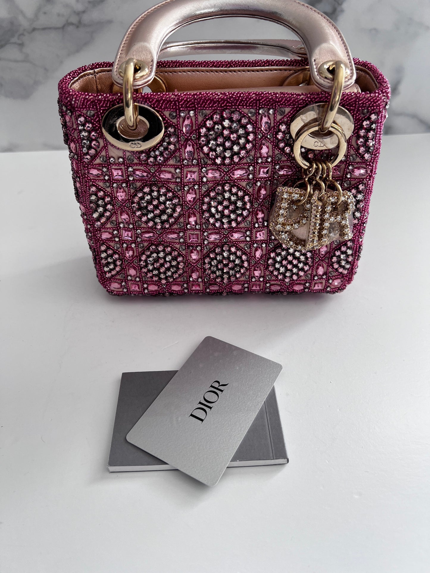 Pre-loved Mini Lady Dior Bag Metallic Lambskin and Rose des Vents Satin Embroidered with Beads