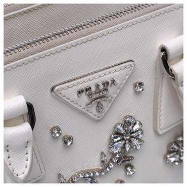 Prada Galleria White Mini Saffiano Lux Crystal Embellished Handbags