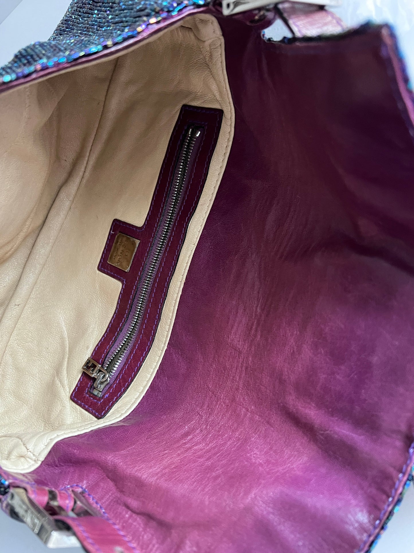 Fendi Vintage iridescent beaded lizard skin trimmed baguette