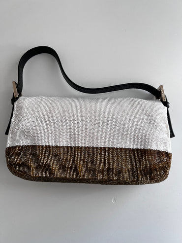 Fendi white & gold beaded lizard baguette