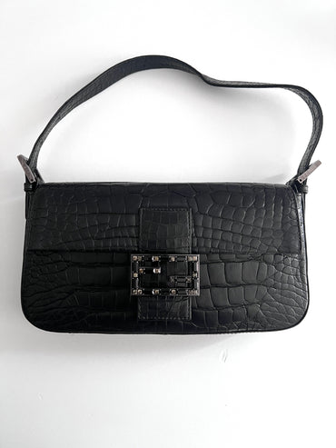 Vintage Fendi black crocodile baguette