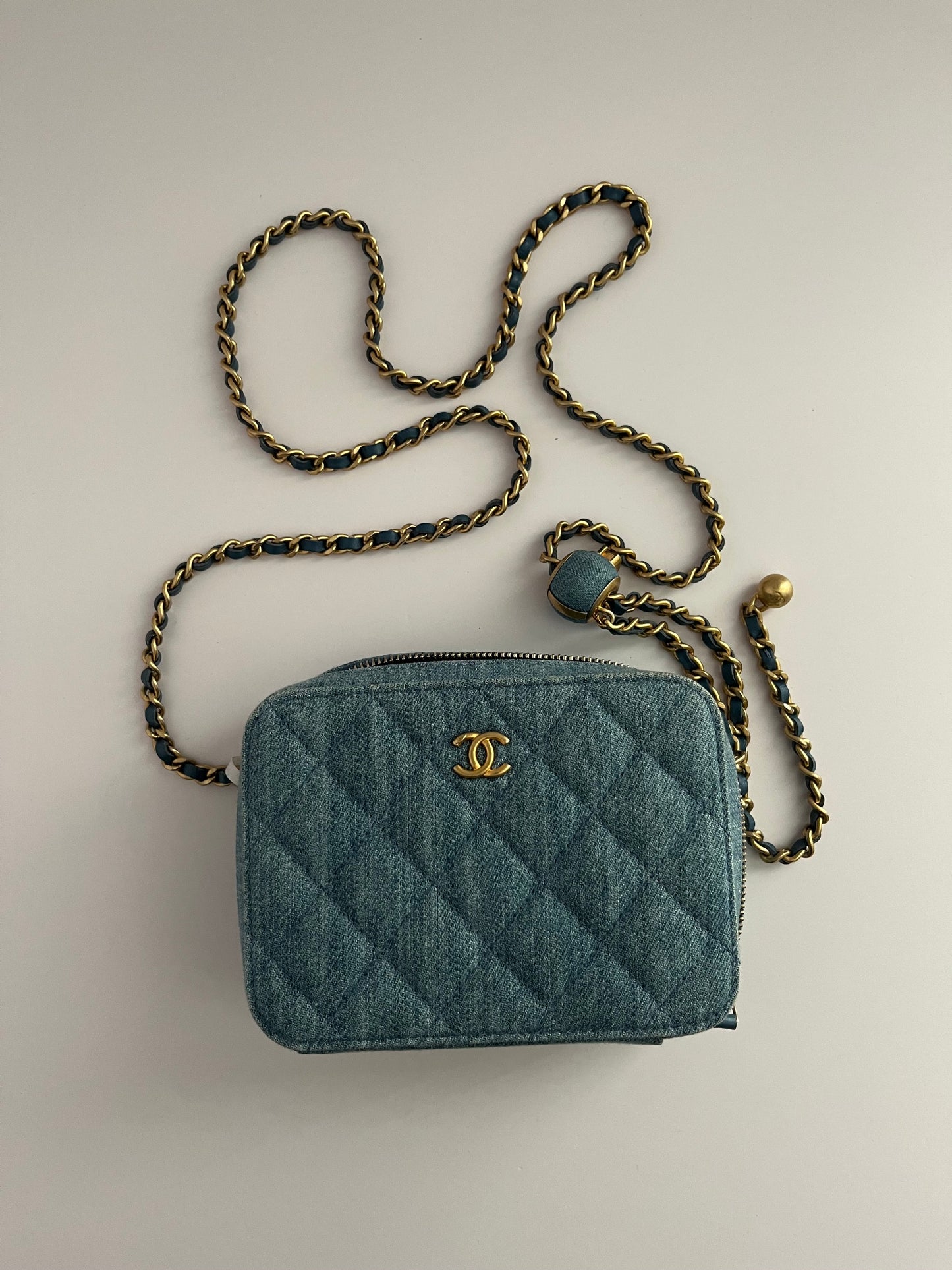 Chanel blue denim gold ball camera shoulder bag