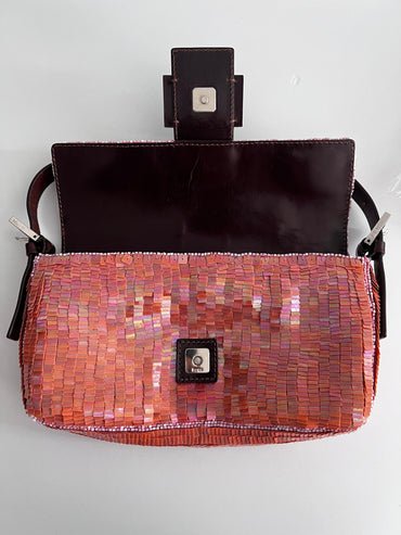Pre-Owned Fendi peach pink sequin baguette Shoulder bag
