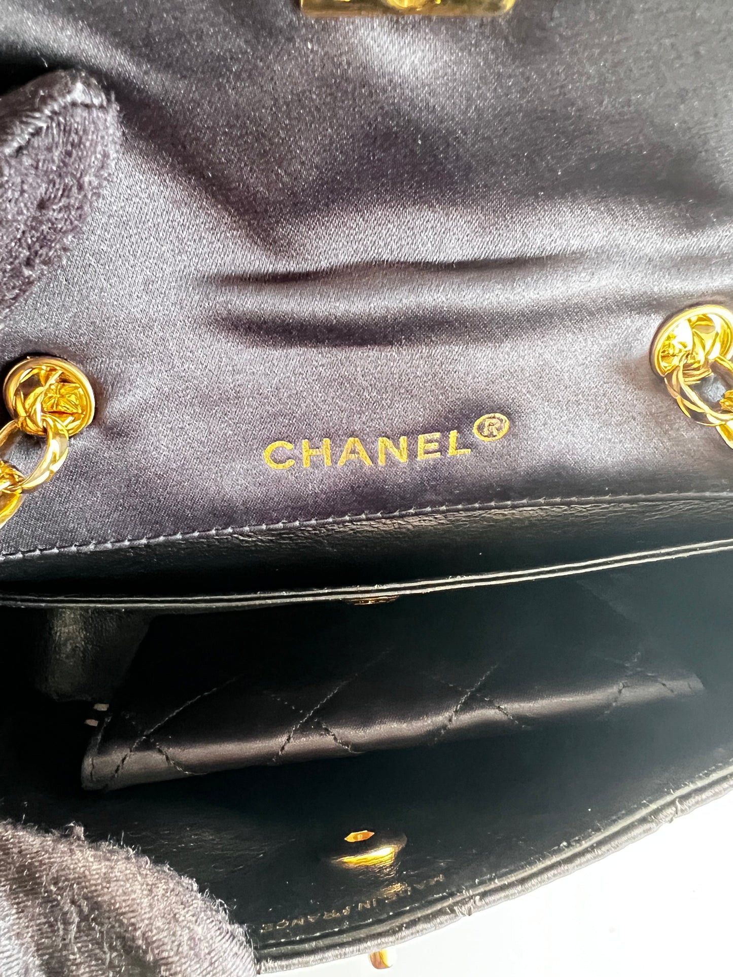 Vintage Chanel satin & leather flap bag with card holder
