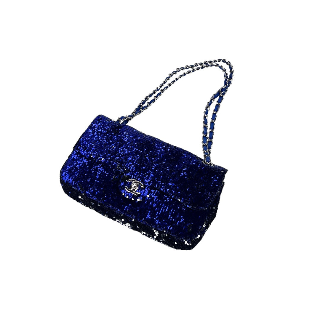 Chanel Blue marine sequin medium size single flap bag