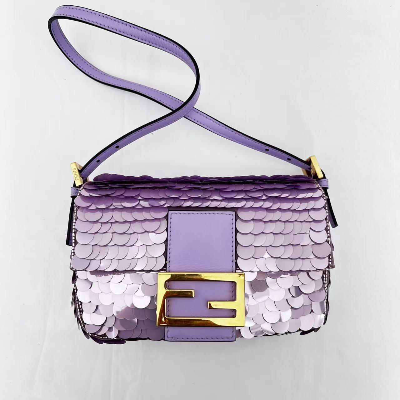Fendi baguette mini purple sequin gold hardware shoulder bag
