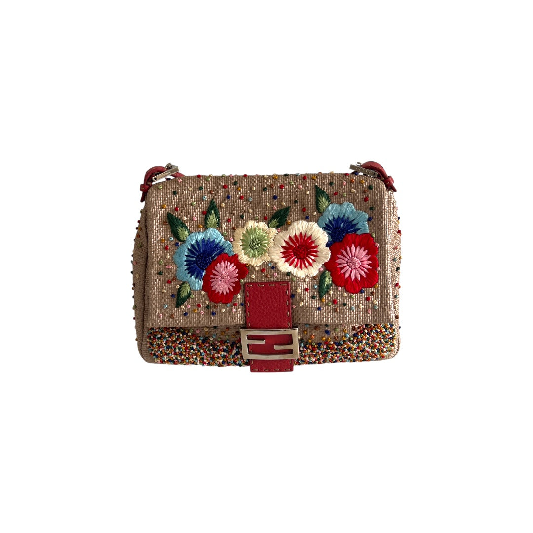 Fendi Selleria raffia floral embroidered mamma baguette.