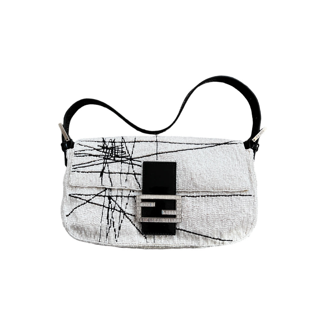 rare FENDI Limited Edition Beaded White and Black Baguette Shoulder Bag