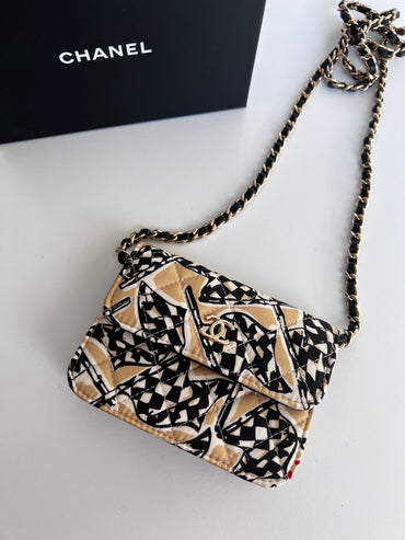 Chanel Earend Checkered Flag Print Cocomark mini chain should bag 2022 Beige Black Gold