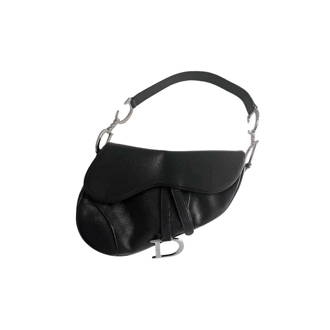 pre owned vintage dior calf leather black saddle bag