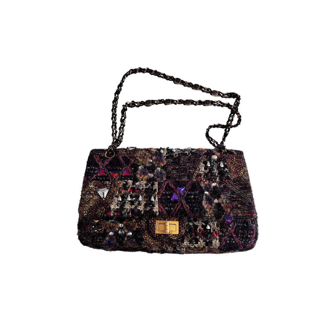 chanel tweed crystal embellished paris byzance reissue 2.55 flap bag jumbo size