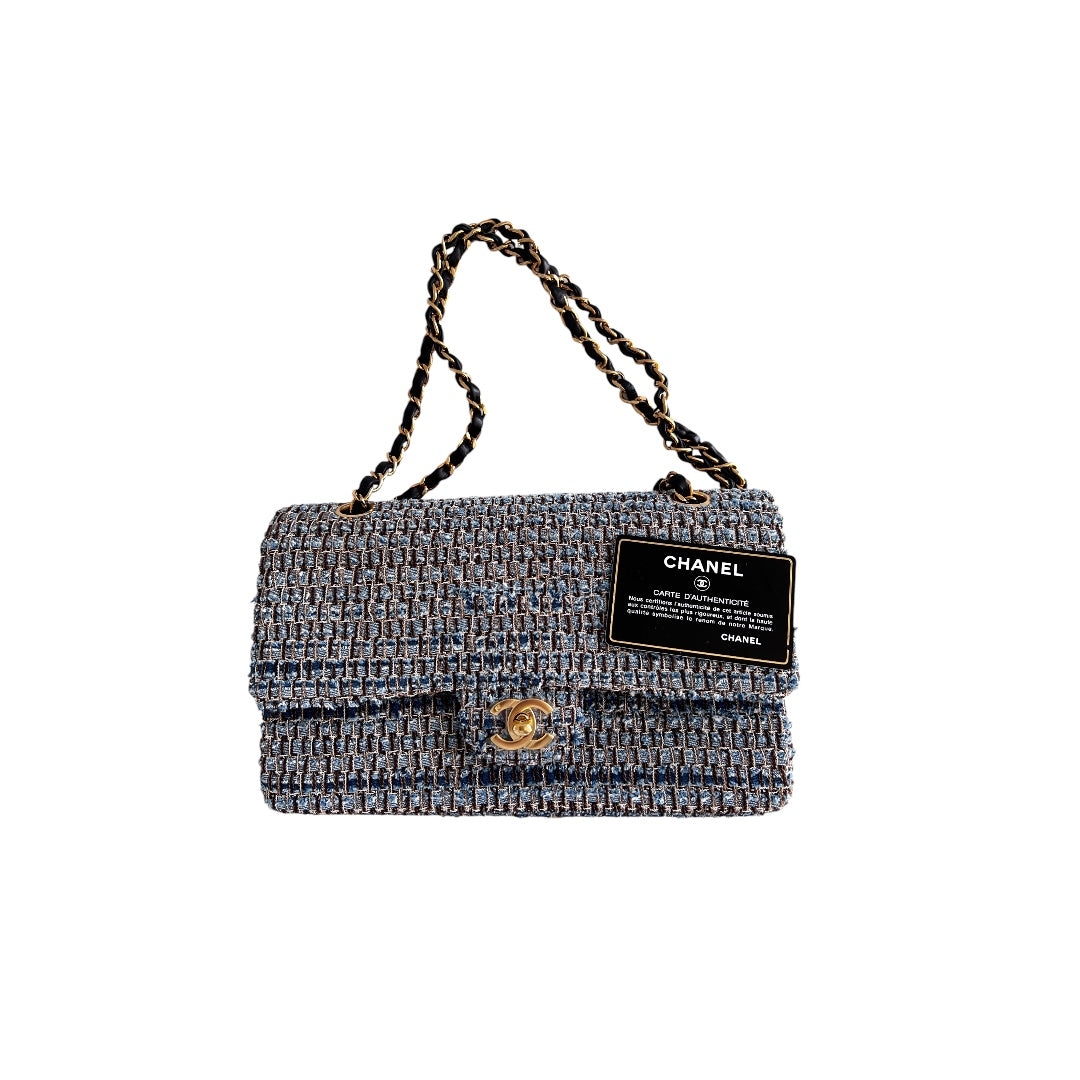 chanel medium size blue tweed double flap bag