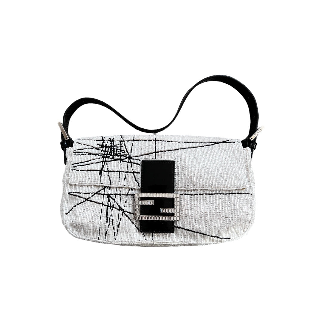fendi limited edition beaded white and black baguette shoulder bag