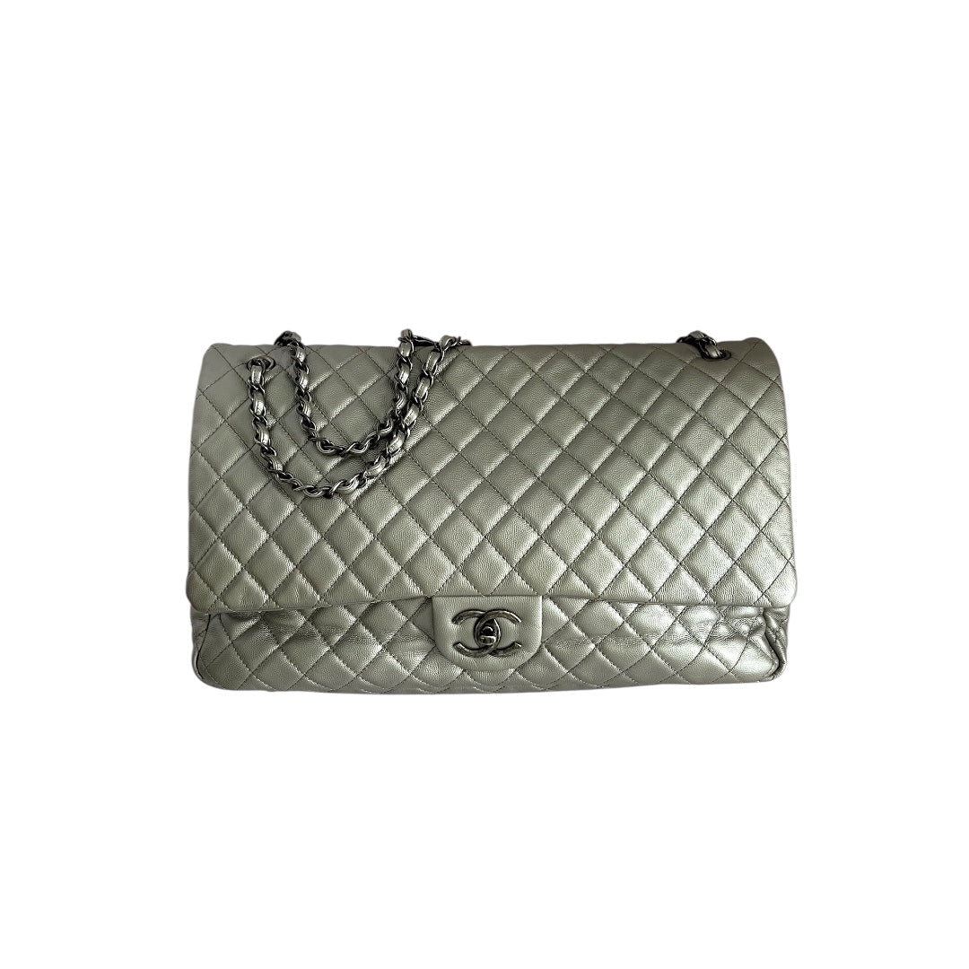 Chanel Classic Flap Bag  XXL size Silver Leather silver hardware Shoulder Bag