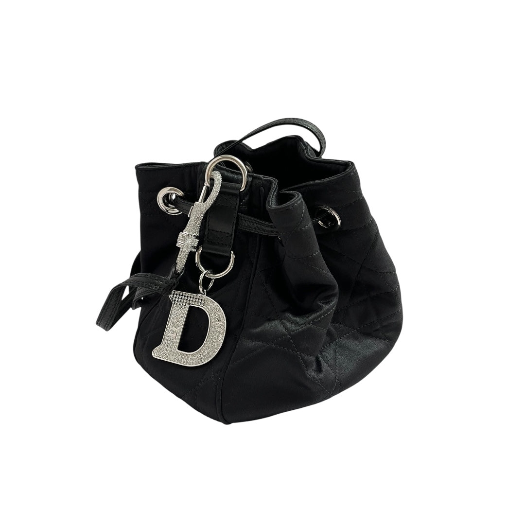 Dior black satin silver rhinestones hardware bucket shoulder bag
