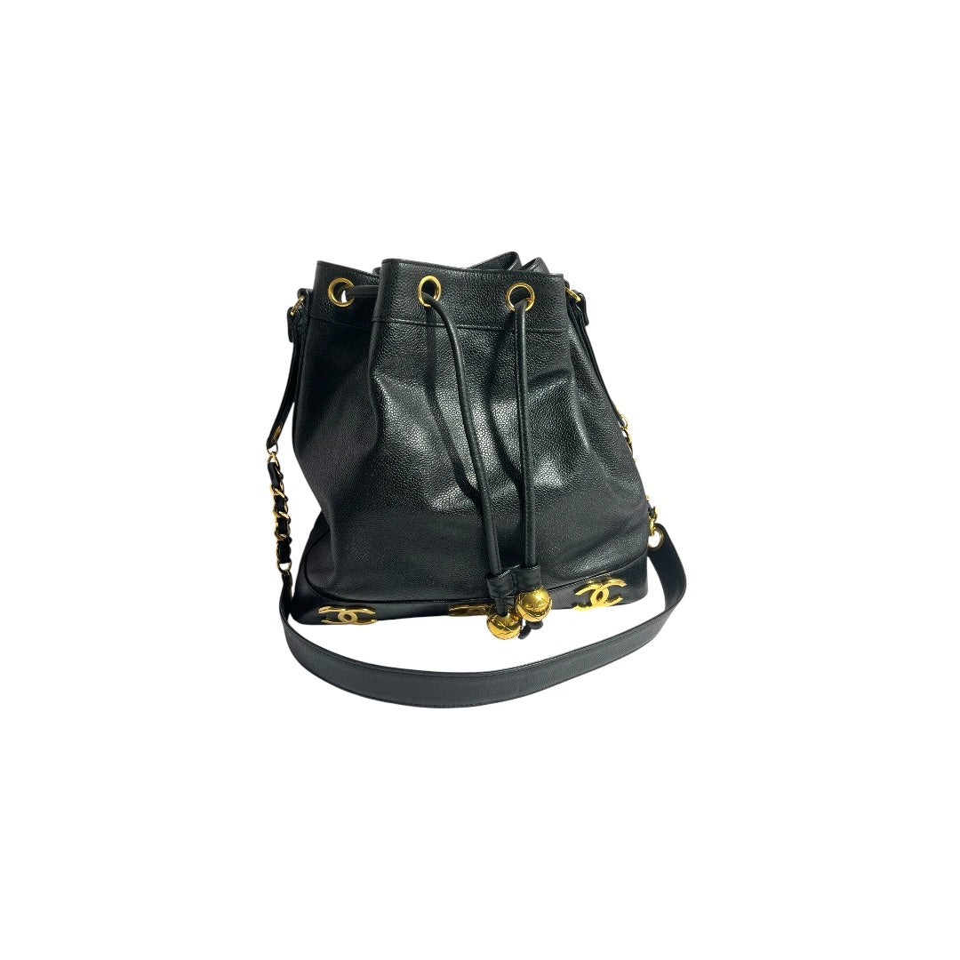 Chanel bucket black leather gold ball shoulder bag