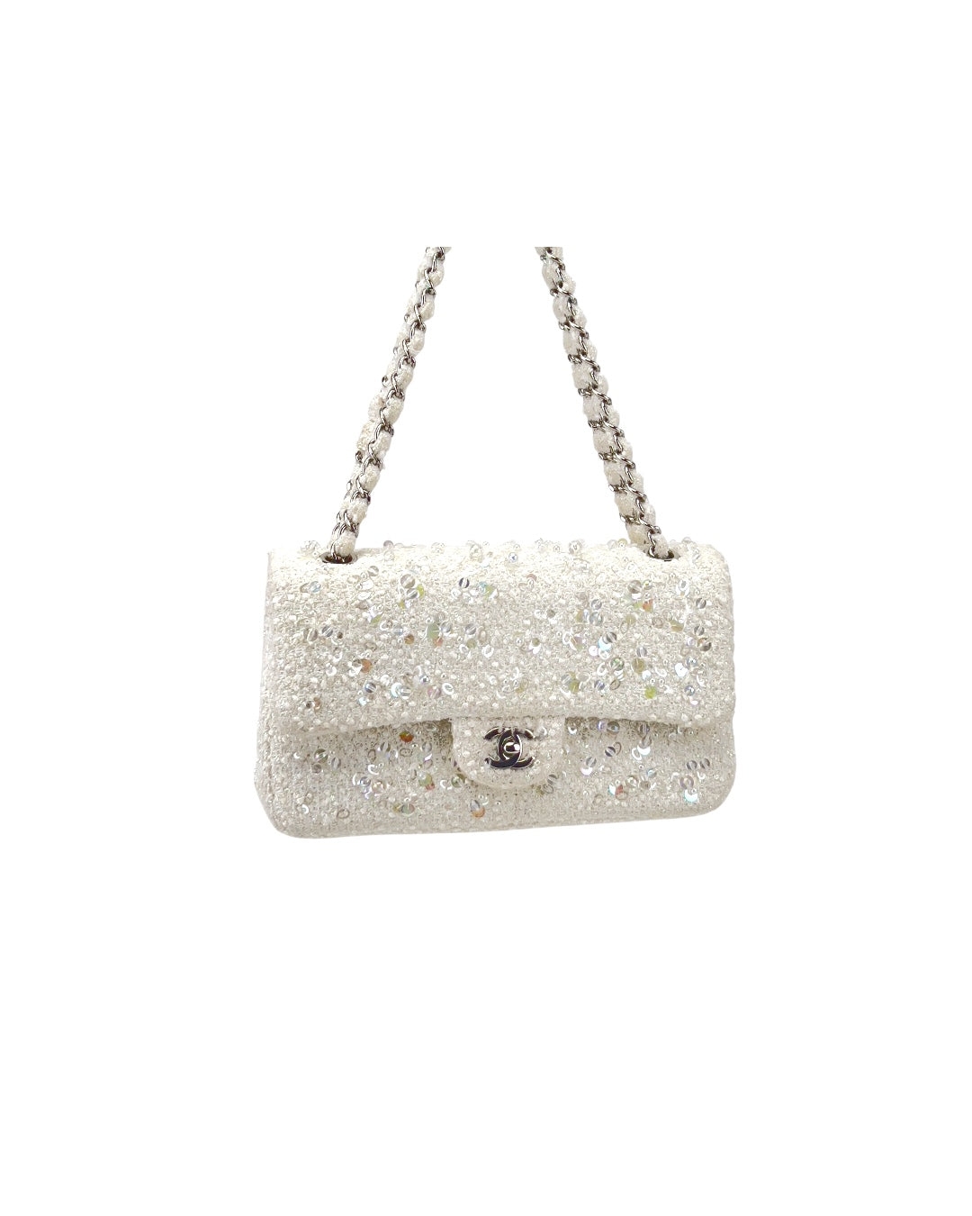 Chanel rain drop white tweed sequin double flap