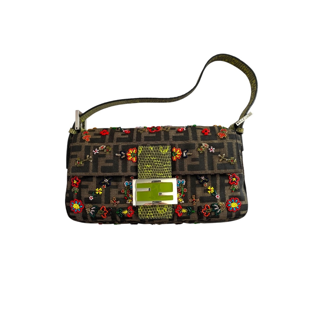 Fendi Baguette FF colorful beaded exotic leather silver hardware rare style