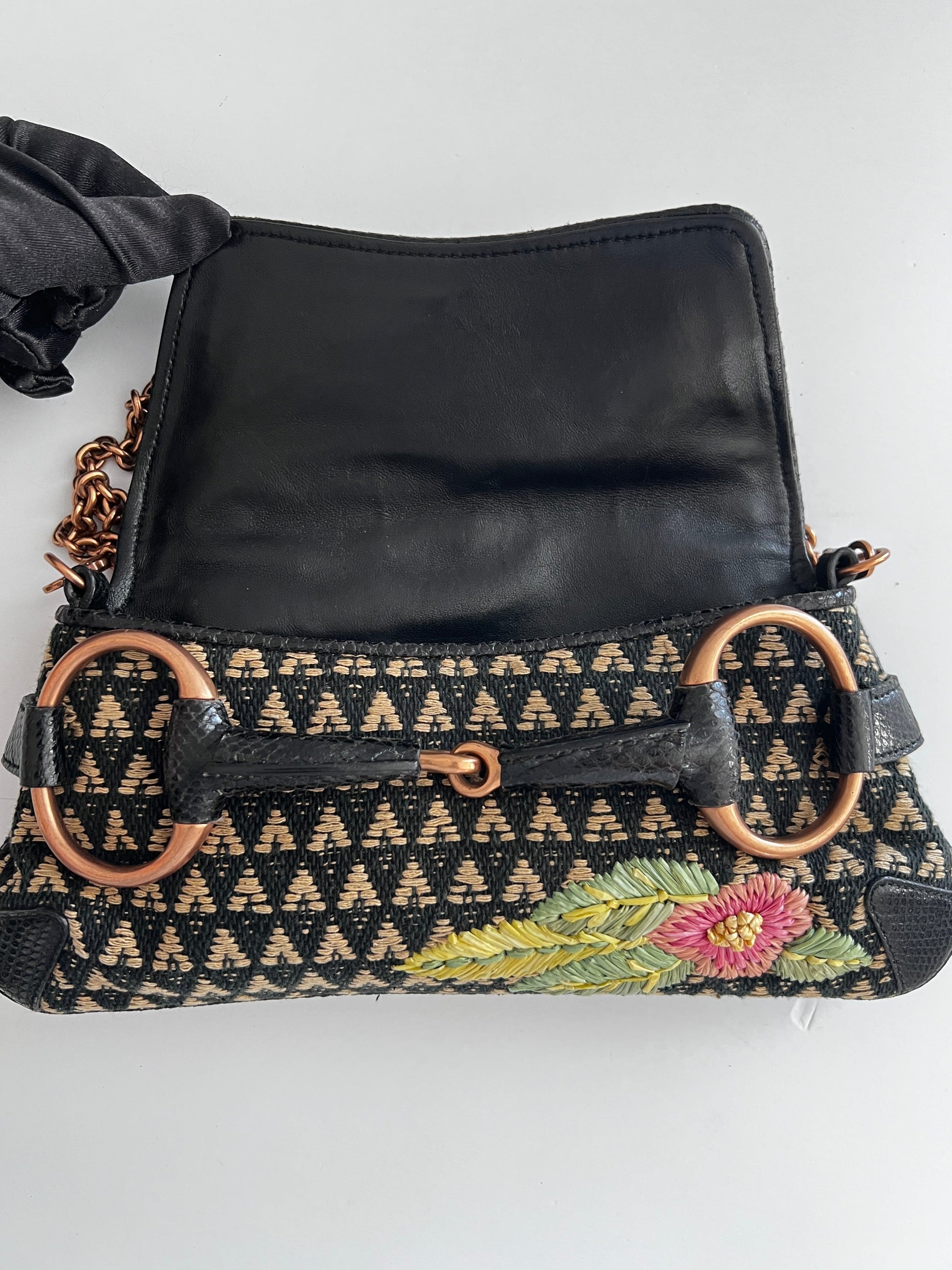 Vintage Gucci Raffia Embroidered Horsebit Chain Bag Medium