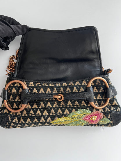 Vintage Gucci Raffia Embroidered Horsebit Chain Bag Medium
