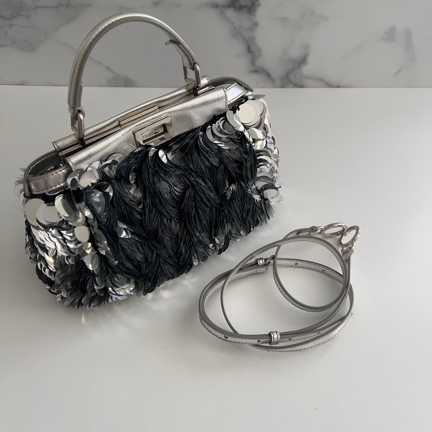 Fendi Silver Big Paillettes Small Size Peekaboo