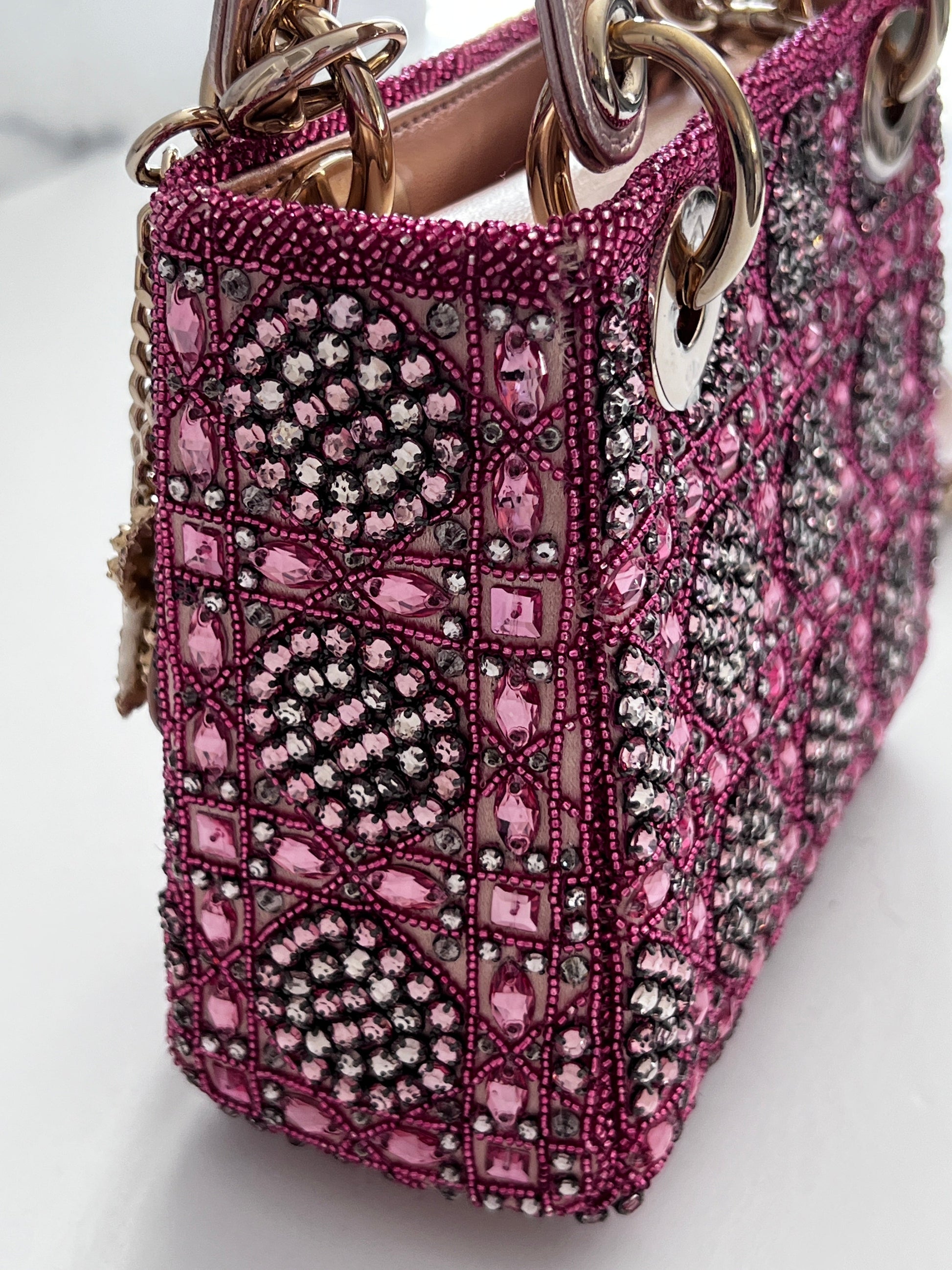 Pre-loved Mini Lady Dior Bag Metallic Lambskin and Rose des Vents Satin Embroidered with Beads