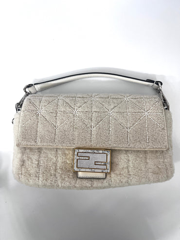 Fendi New version cream color shearling beaded baguette