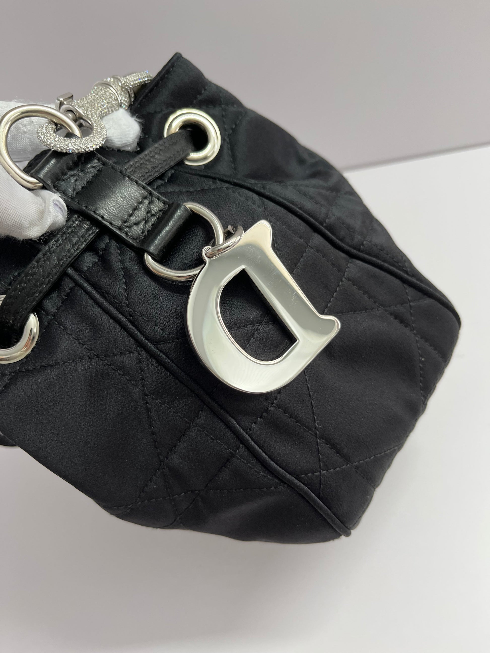 Dior black satin silver rhinestones hardware bucket shoulder bag