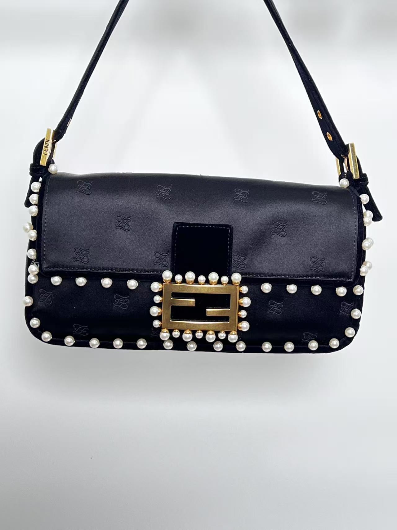 Fendi black satin pearl velvet baguette shoulder bag