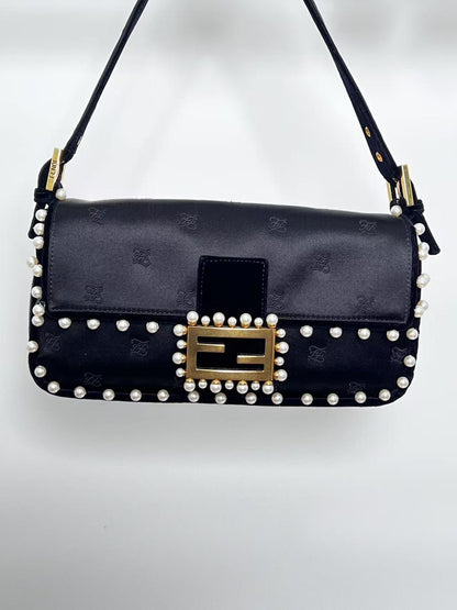 Fendi black satin pearl velvet baguette shoulder bag