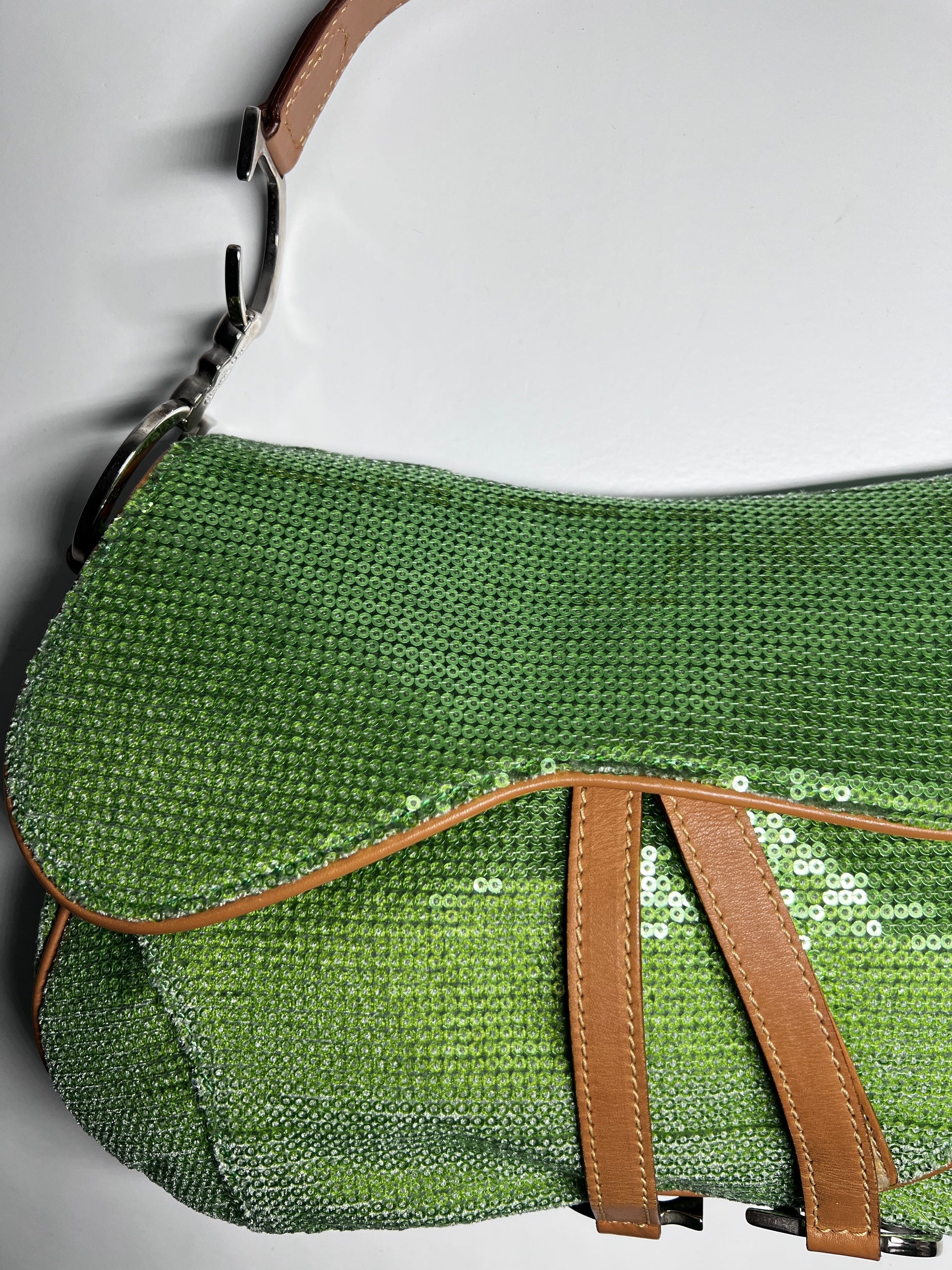 Ultra rare Dior green sequin double saddle bag