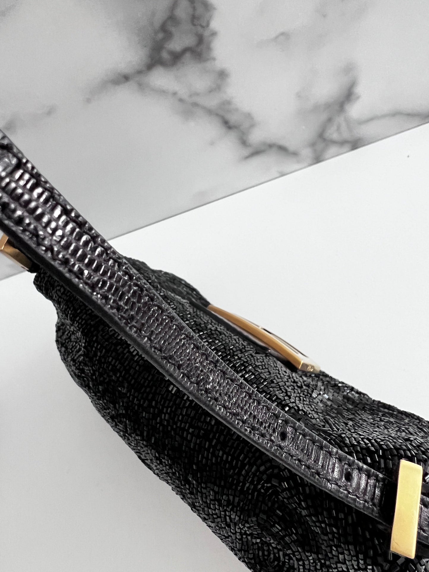 Fendi black beaded mini mamma baguette lizard skin trimmed