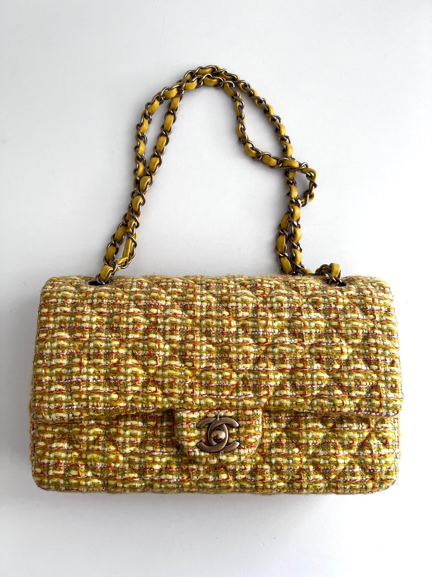Chanel yellow tweed medium size double flap bag