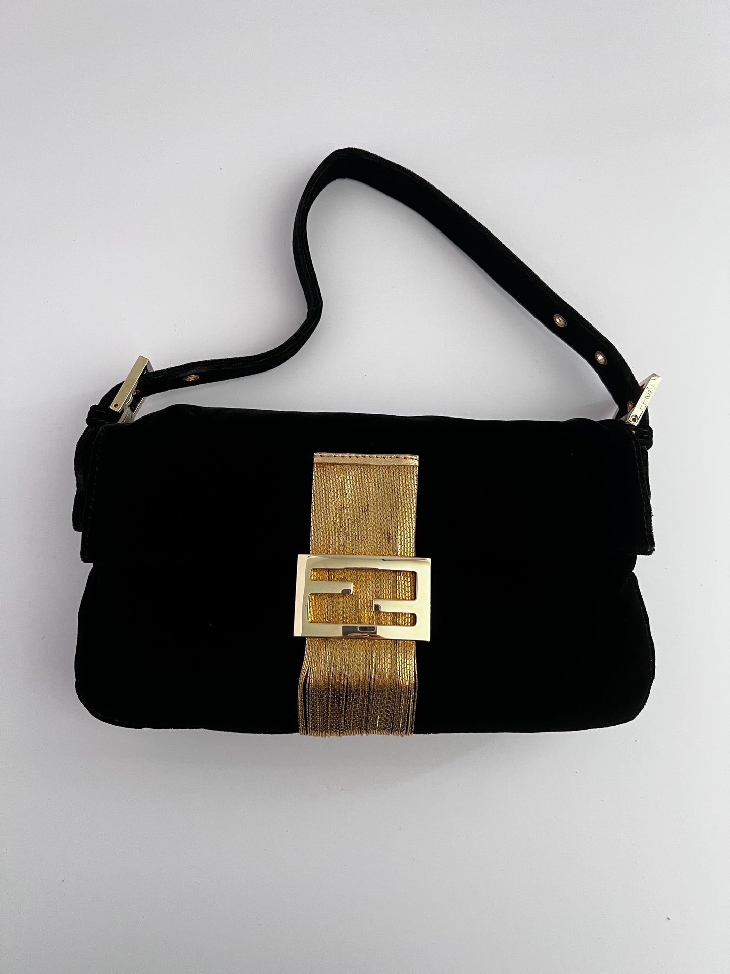 Fendi Black Velvet Gold tassels baguette