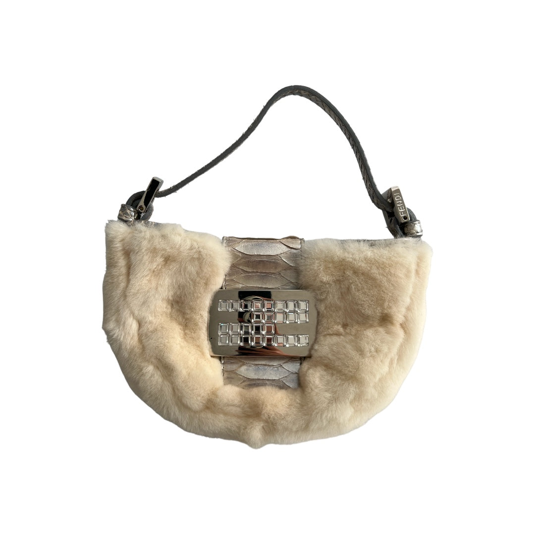 Fendi Fendi Chinchilla fur rhinestone buckle silver python skin trimmed croissant bag