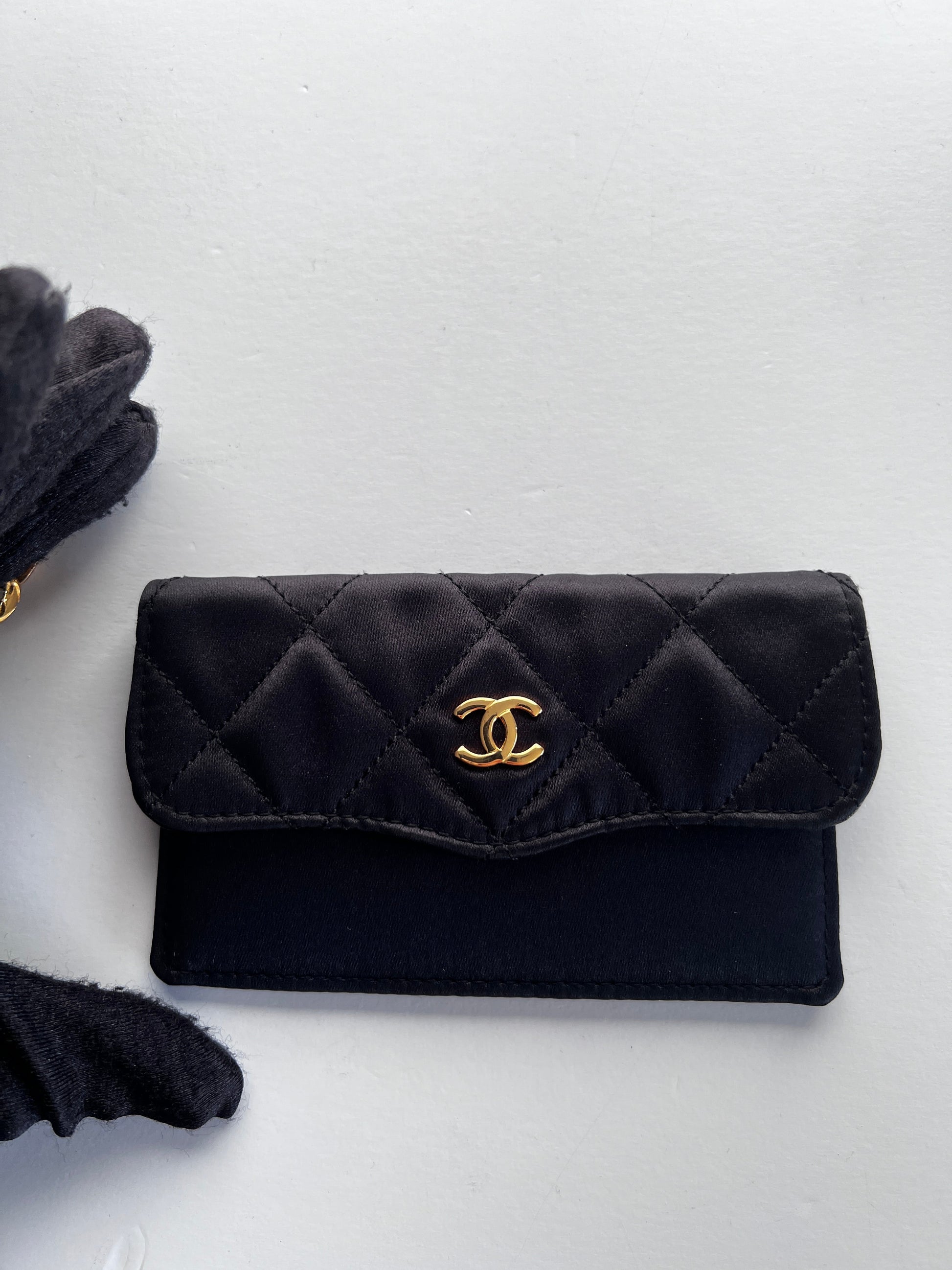 Vintage Chanel satin & leather flap bag with card holder