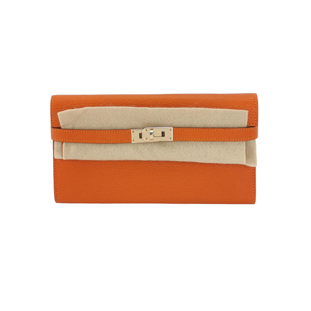 Hermes Hermes Kelly Large Orange Lambskin Goatskin Gold-Tone Hardware Clutch