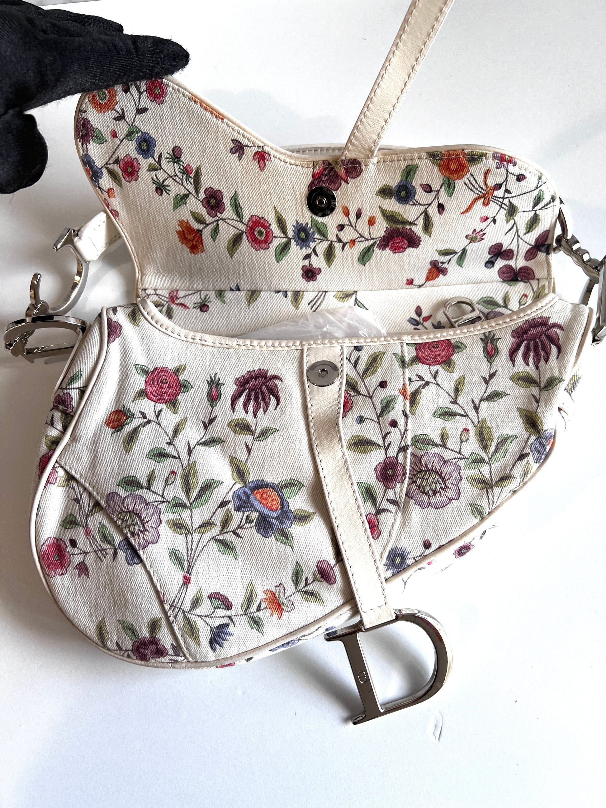 Dior limited edition white floral canva saddle bag