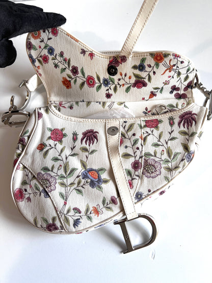 Dior limited edition white floral canva saddle bag