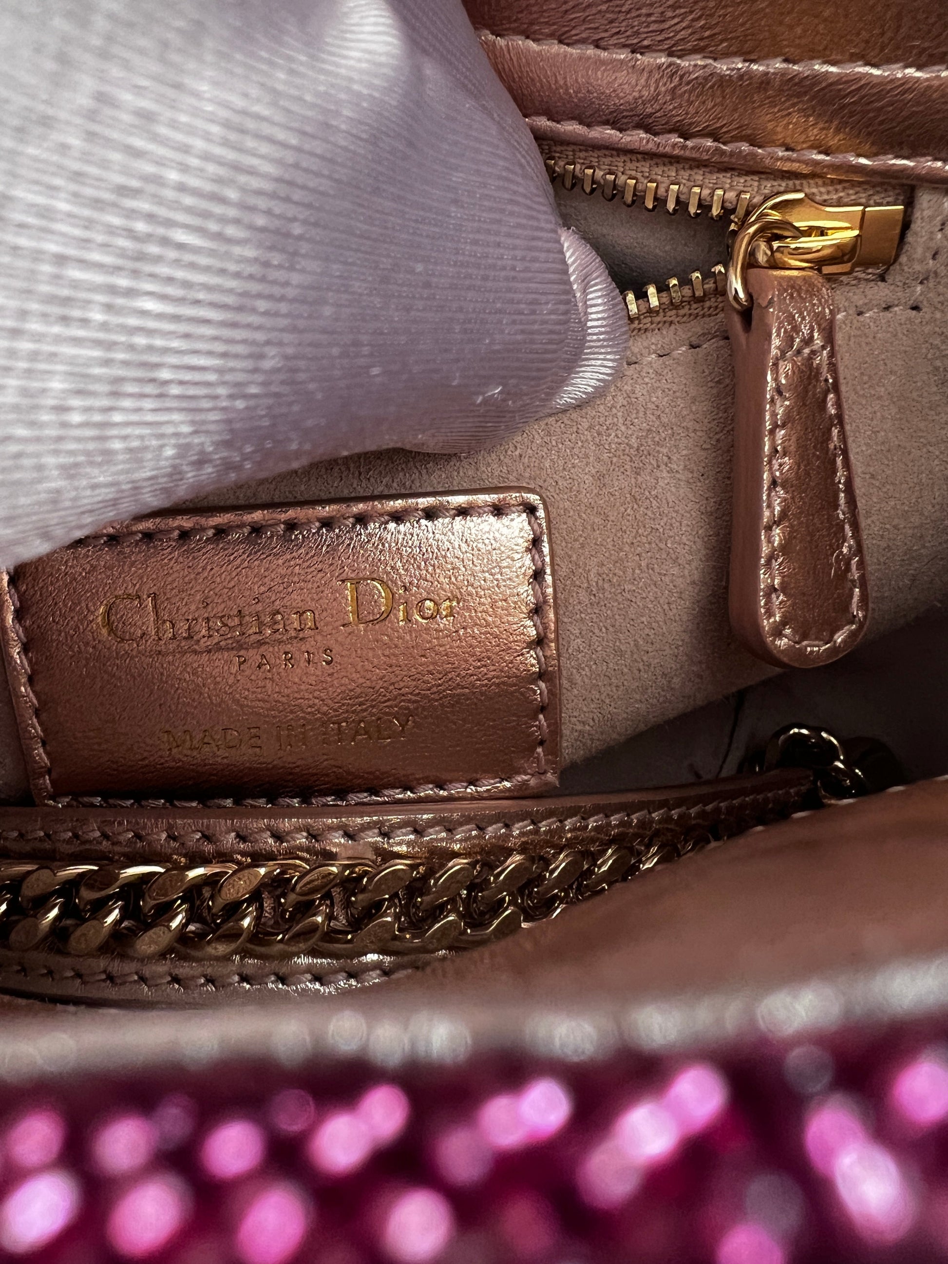 Pre-loved Mini Lady Dior Bag Metallic Lambskin and Rose des Vents Satin Embroidered with Beads