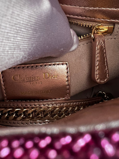 Pre-loved Mini Lady Dior Bag Metallic Lambskin and Rose des Vents Satin Embroidered with Beads