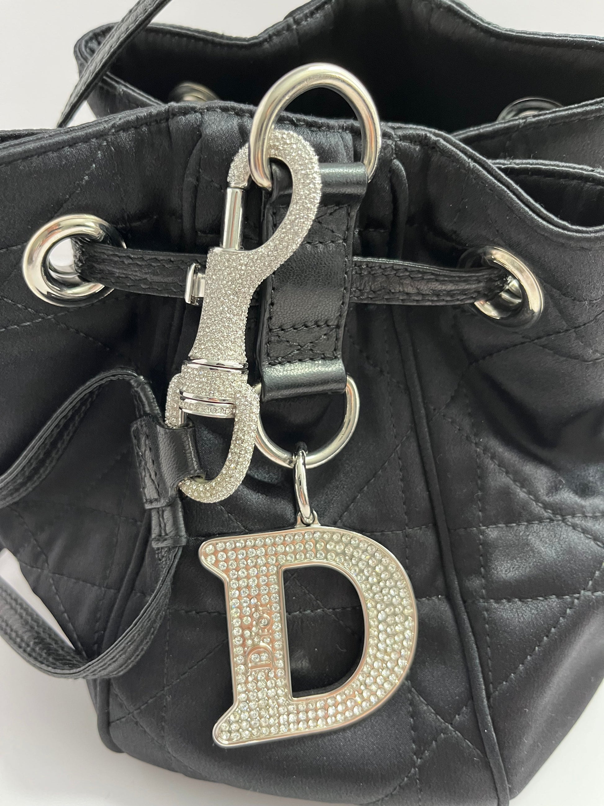 Dior black satin silver rhinestones hardware bucket shoulder bag