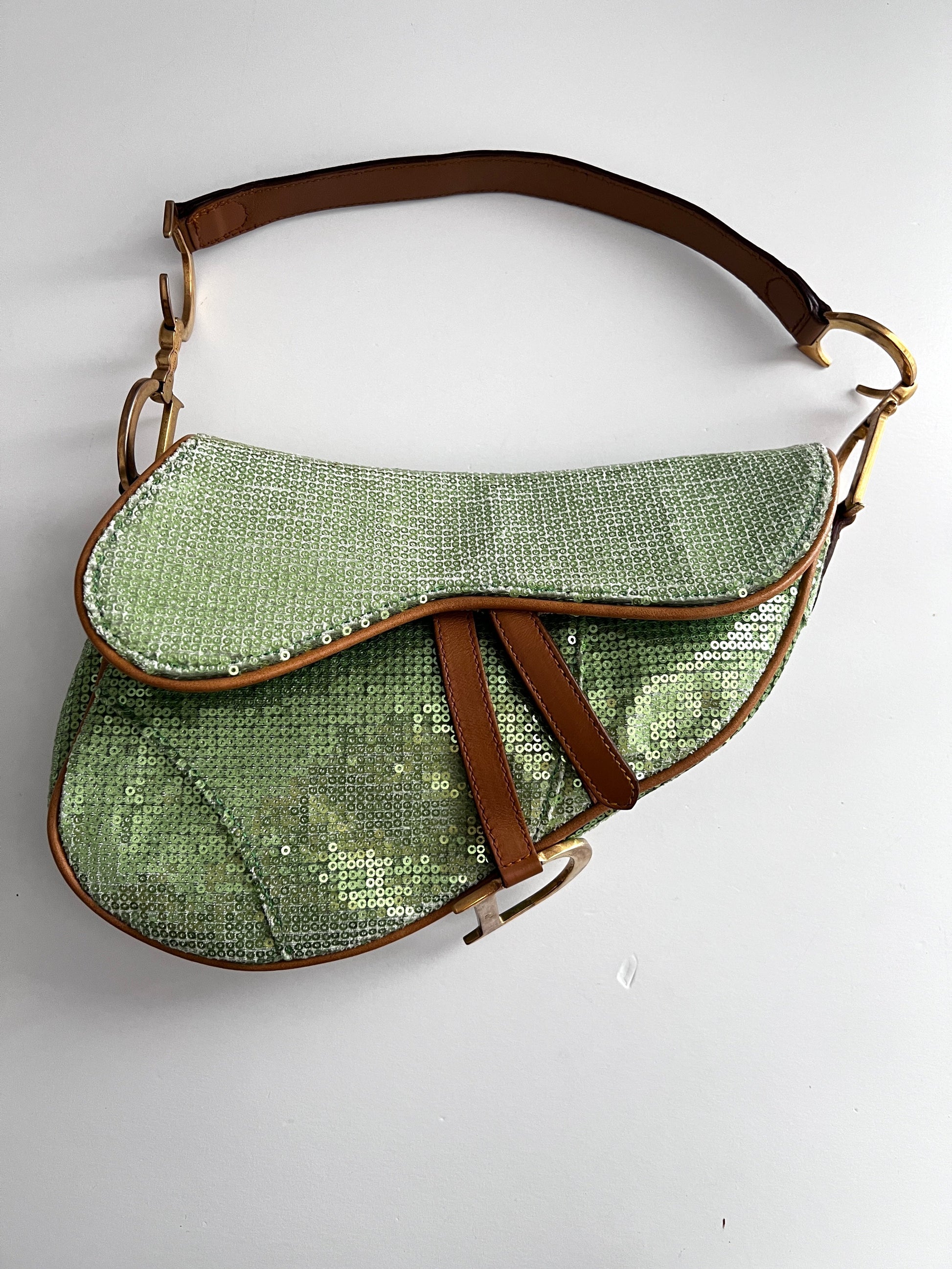 Dior green sequin saddle bag