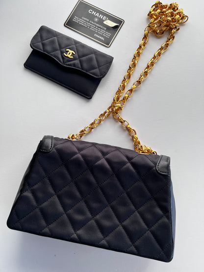 Vintage Chanel satin & leather flap bag with card holder