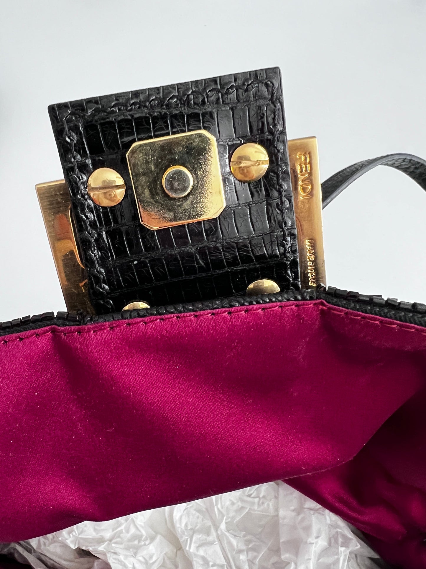 Fendi black beaded mini mamma baguette lizard skin trimmed