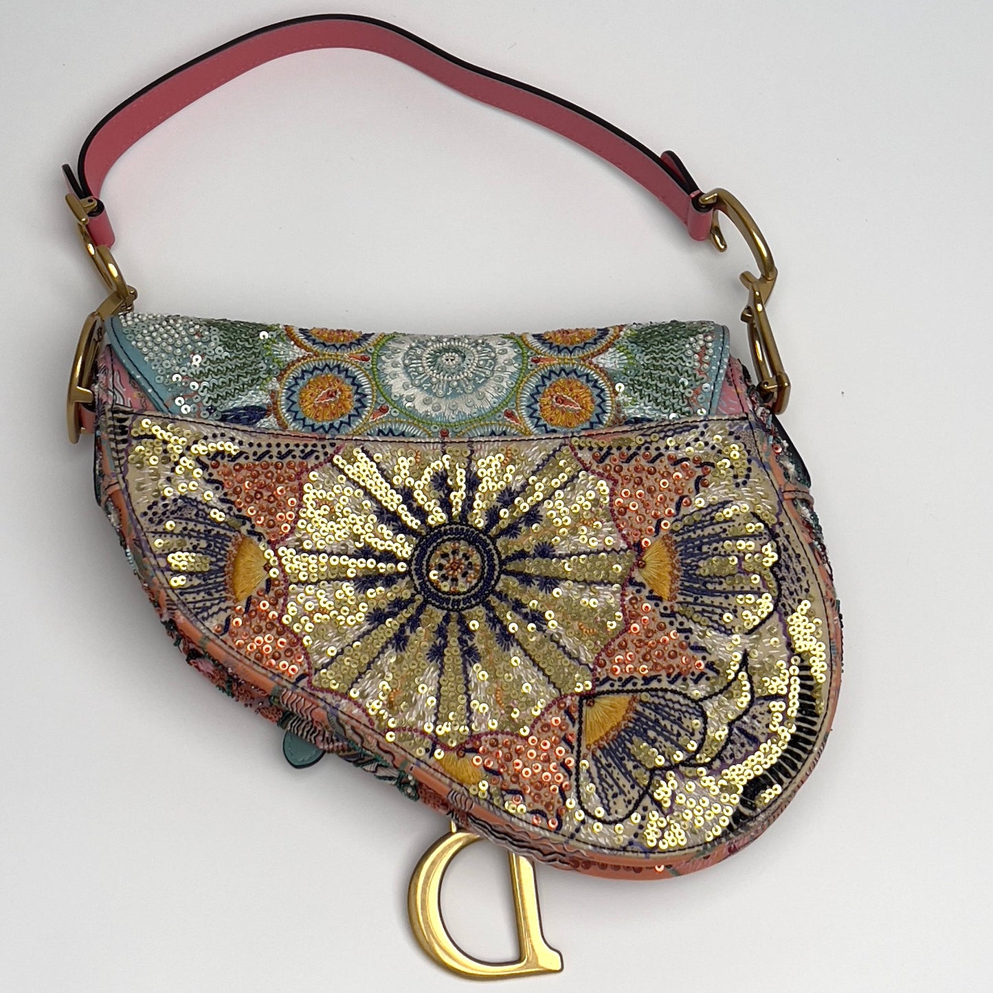 Dior pink& green sequin embroidered saddle bag